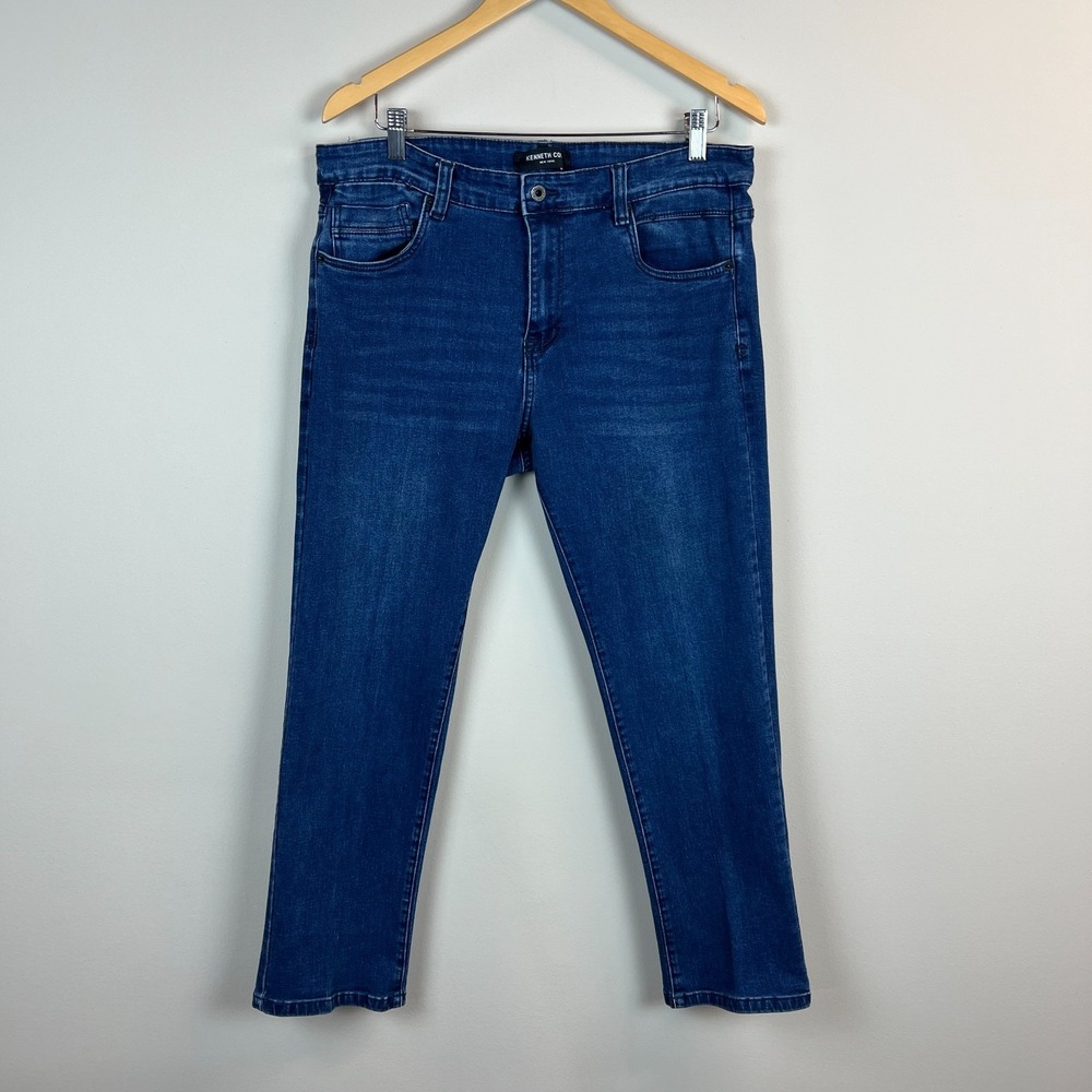 Kenneth Cole Jeans‎ Mens 34x29 Blue Straight Fit Dark Wash Stretch Denim Casual